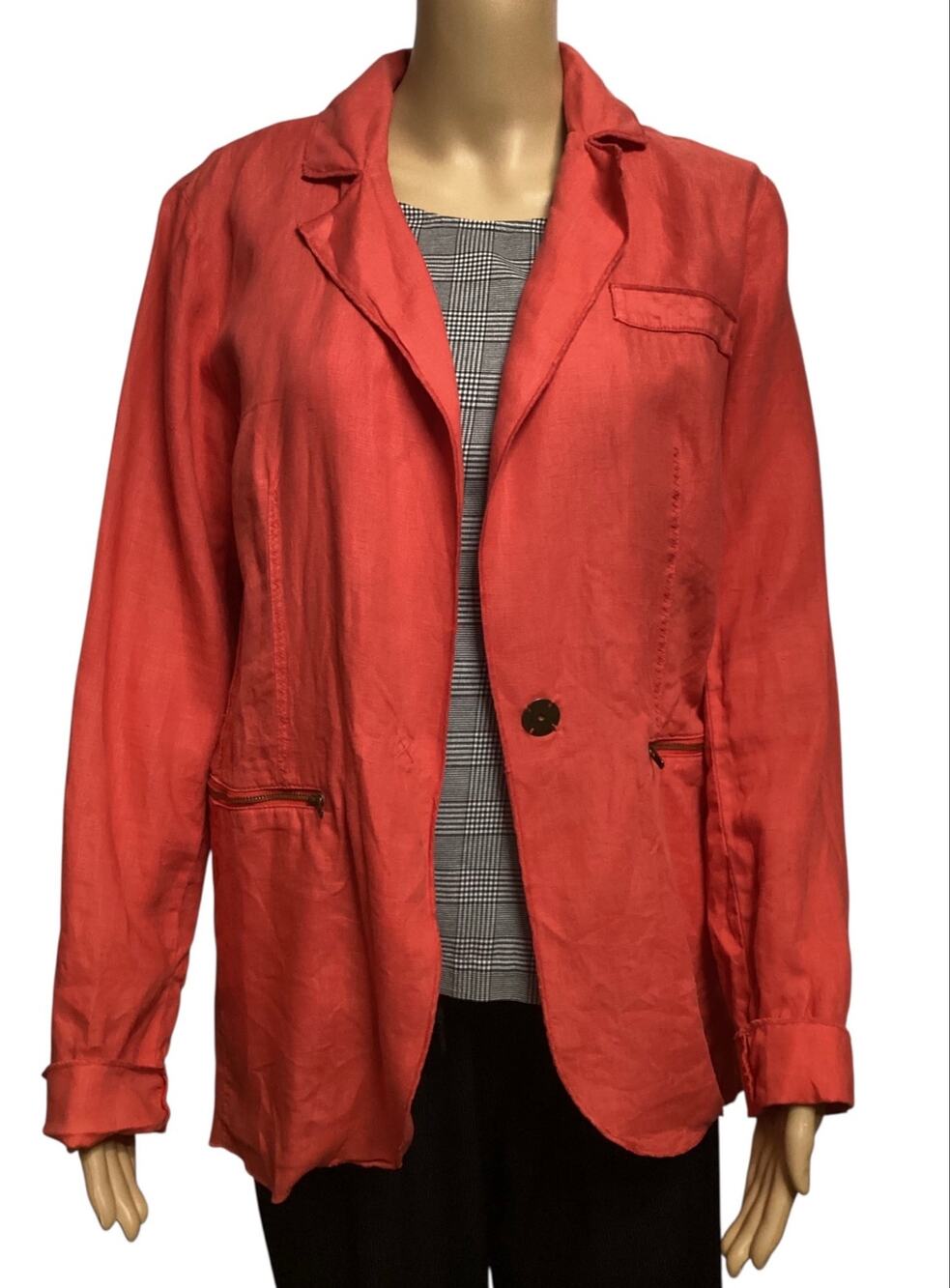 Michael Stars Coral Red 100% Linen Lightweight Deconstructed Blazer Jacket Sz M